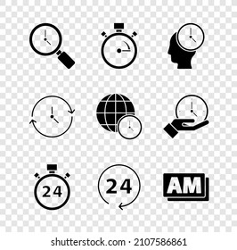 Ajuste la lupa con reloj, reloj, gestión de tiempo, 24 horas, reloj, AM e icono de tiempo mundial. Vector