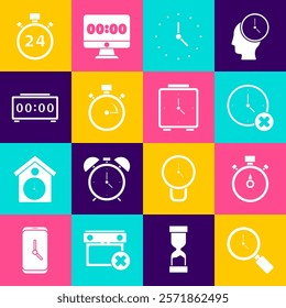 Set Magnifying glass with clock, Stopwatch, Clock delete, Digital alarm, 24 hours and Alarm icon. Vector