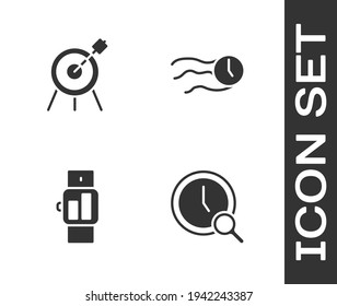 Set Magnifying glass mit Uhr, Target sport, Smart watch und Time fliegt auf dem Icon. Vektorgrafik