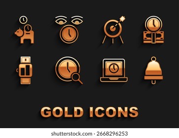 Set Magnifying glass with clock, Time is money, Ringing bell, Laptop time, Smartwatch, Target sport, Piggy bank coin and Clock icon. Vector