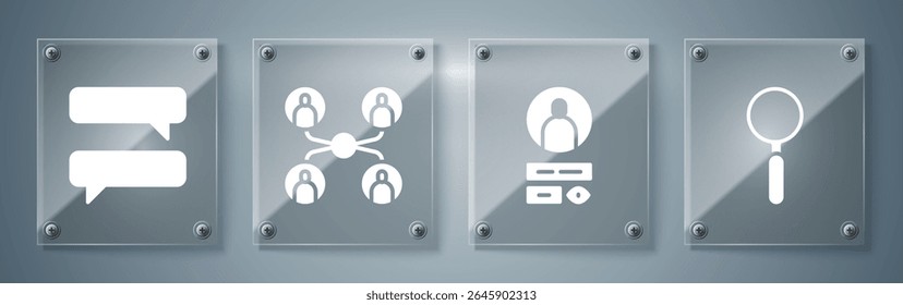 Set Magnifying glass, Create account screen, Online class and Speech bubble chat. Square glass panels. Vector