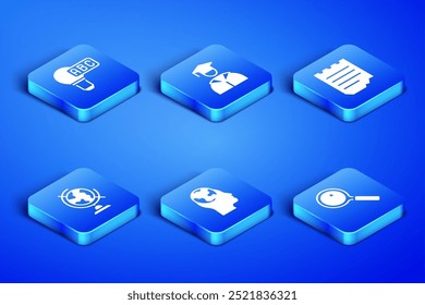 Definir Lupa Lupa, Lâmpada Criativa ideia de luz, Aprender línguas estrangeiras, globo terrestre, Graduação e tampa de graduação e ícone Notebook. Vetor