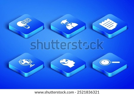 Set Magnifying glass, Creative lamp light idea, Learning foreign languages, Earth globe, Graduate and graduation cap and Notebook icon. Vector