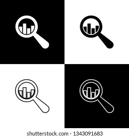 Set Magnifying glass and data analysis icons isolated on black and white background. Line, outline and linear icon. Vector Illustration