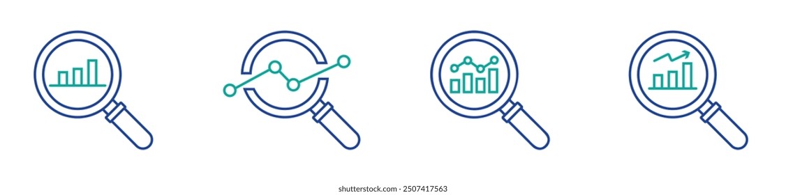 Set of magnifying glass data analysis icons. Market research, analytic. Business analysis, financial forecast logo. Vector illustration. vector stock.