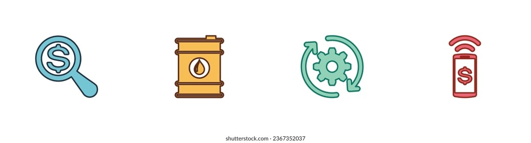 Set Magnifying glass and dollar, Barrel oil, Gear arrows workflow and Contactless payment icon. Vector