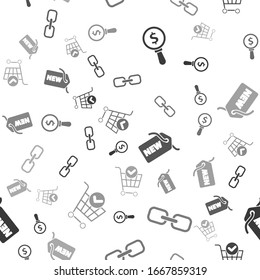 Set Magnifying glass and dollar, Chain link, Price tag with New and Shopping cart with check mark on seamless pattern. Vector