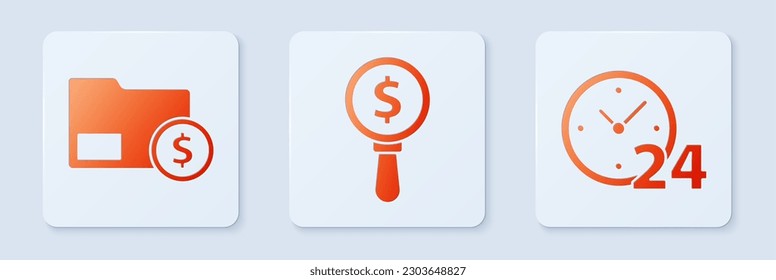 Set Magnifying glass and dollar, Envelope with coin dollar and Clock 24 hours. White square button. Vector