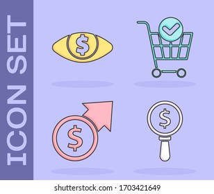 Set Magnifying glass and dollar, Eye with dollar, Financial growth and coin and Shopping cart with check mark icon. Vector