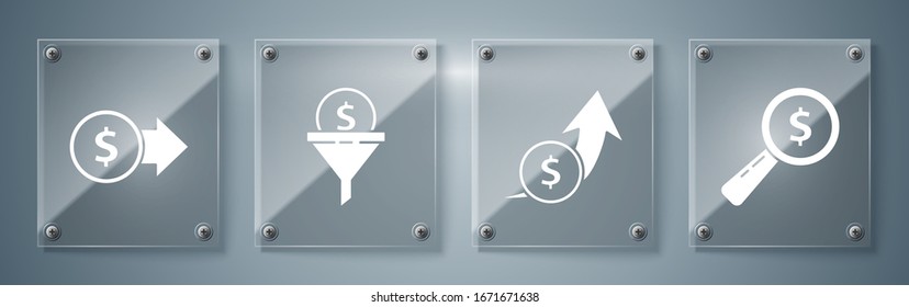 Set Magnifying glass and dollar, Financial growth and coin, Lead management and Coin money with dollar symbol. Square glass panels. Vector