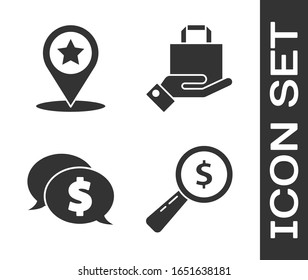 Set Magnifying glass and dollar, Map pointer with star, Speech bubble with dollar and Hand and paper shopping bag icon. Vector