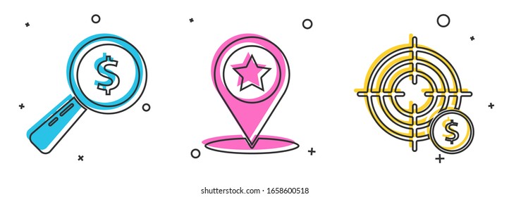 Set Magnifying Glas und Dollar, Kartenzeiger mit Stern und Ziel mit Dollar Symbol Symbol. Vektorillustration