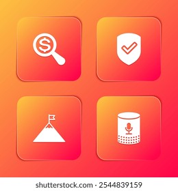 Set Magnifying glass and dollar, Shield with check mark, Mountains flag and Voice assistant icon. Vector