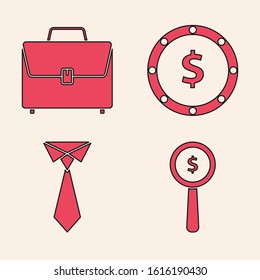 Set Magnifying glass and dollar symbol, Briefcase, Coin money with dollar symbol and Tie icon. Vector