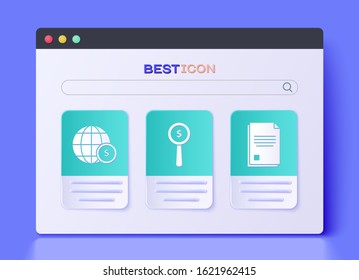 Set Magnifying glass and dollar symbol, Earth globe with dollar symbol and File document icon. Vector