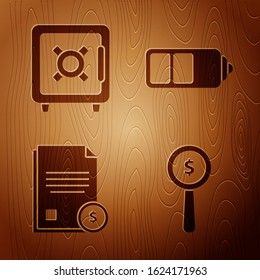 Set Magnifying glass and dollar symbol, Safe, Finance document and Battery charge level indicator on wooden background. Vector