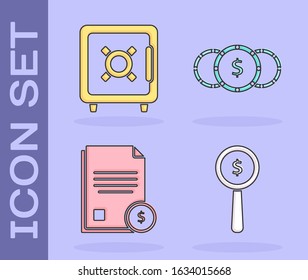 Set Magnifying glass and dollar symbol, Safe, Finance document and Coin money with dollar symbol icon. Vector