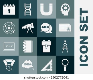 Set Magnifying glass, Drawing compass, Certificate template, Magnet, Telescope, Solar system, Calendar first september date and Alphabet icon. Vector