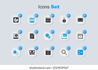 Set Magnifying glass, File document, Browser window, shopping bag and dollar, Share, Video advertising, Market analysis and Time management icon. Vector