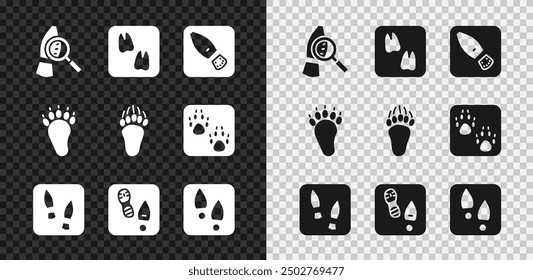 Set Magnifying glass with footsteps, Camel paw footprint, Human footprints shoes, Bear and  icon. Vector