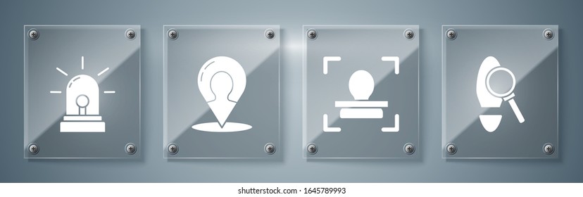 Set Magnifying glass with footsteps, Face recognition, Map marker with a silhouette of a person and Flasher siren. Square glass panels. Vector
