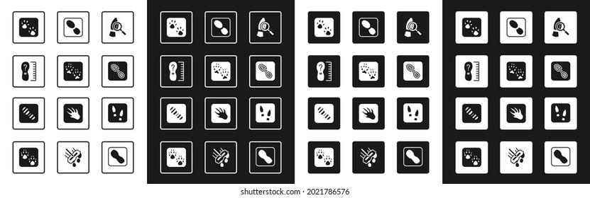 Set Magnifying glass with footsteps, Fox paw footprint, Square measure size, Paw, Human footprints shoes,  and  icon. Vector