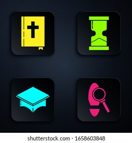 Set Magnifying glass with footsteps, Holy bible book, Graduation cap and Old hourglass. Black square button. Vector