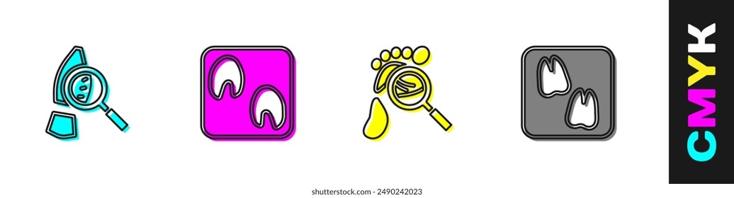 Set Magnifying glass with footsteps, Horse paw footprint,  and Camel icon. Vector