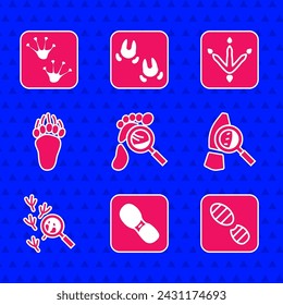 Set Magnifying glass with footsteps, Human footprints shoes, Bird, Bear paw, Chicken and Frog icon. Vector