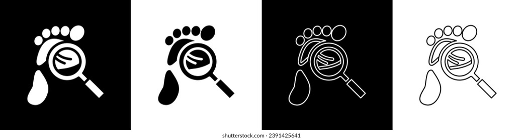 Set Magnifying glass with footsteps icon isolated on black and white background. Detective is investigating. To follow in the footsteps.  Vector