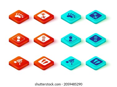 Set Magnifying glass with footsteps, Rabbit and hare paw footprint, Human footprints shoes, Wild boar and Bear icon. Vector