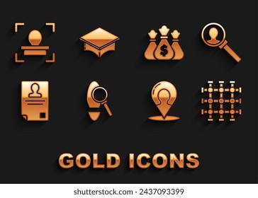 Lupa con pasos, para búsqueda, ventana de la prisión, silueta del marcador del mapa de la persona, insignia de identificación, bolsa de dinero, reconocimiento de cara e icono de gorra de graduación. Vector