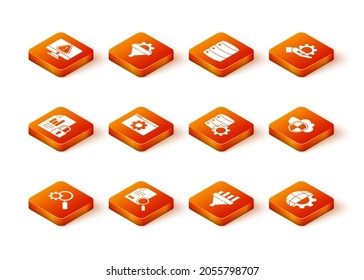 Set Magnifying Glas und Ausrüstung, Dokument mit Suche, Schloss, Browser Einstellung, Vertrieb Trichter Diagramm, Server, Globe der Erde und Cloud Schild Symbol. Vektorgrafik