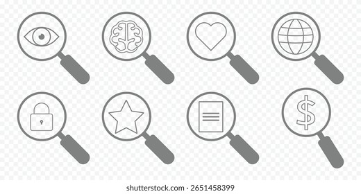 set of magnifying glass and gear icons. data analysis symbol sign. trendy and modern design. vector magnifying glass icon.  eyesight symbol. eyes with magnifying glasses icon eps 10