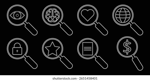 set of magnifying glass and gear icons. data analysis symbol sign. trendy and modern design. vector magnifying glass icon.  eyesight symbol. eyes with magnifying glasses icon eps 10