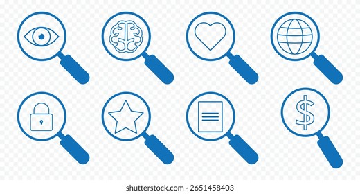 set of magnifying glass and gear icons. data analysis symbol sign. trendy and modern design. vector magnifying glass icon.  eyesight symbol. eyes with magnifying glasses icon eps 10