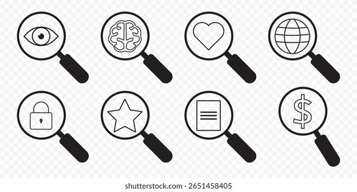 set of magnifying glass and gear icons. data analysis symbol sign. trendy and modern design. vector magnifying glass icon.  eyesight symbol. eyes with magnifying glasses icon eps 10 - Powered by Shutterstock - Get 15% off with code: PIKWIZARD15