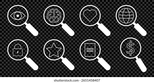 set of magnifying glass and gear icons. data analysis symbol sign. trendy and modern design. vector magnifying glass icon.  eyesight symbol. eyes with magnifying glasses icon eps 10