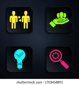Set Magnifying glass and gear, Project team base, Light bulb and check mark and Project team base. Black square button. Vector