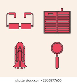 Set Magnifying glass, Glasses, Open science book and Space shuttle and rockets icon. Vector