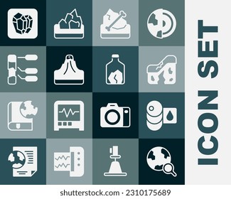 Set Magnifying glass with globe, Barrel oil, Geological fault, Archeology, Volcano, Soil analysis, Gem stone and Ore mining icon. Vector