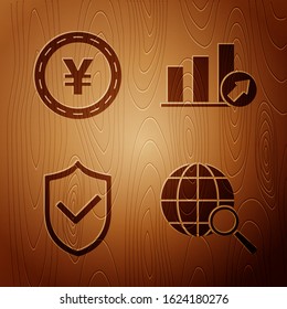 Set Magnifying Glass With Globe, Coin Money With Yen Symbol, Shield With Check Mark And Presentation Financial With Graph, Schedule, Chart, Diagram, Infographic, Pie Graph On Wooden Background. Vector