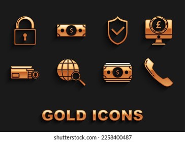 Set Magnifying glass with globe, Computer monitor pound sterling symbol, Telephone handset, Stacks paper money cash, Envelope coin dollar, Shield check mark, Lock and  icon. Vector