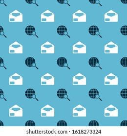 Set Magnifying glass with globe and Envelope on seamless pattern. Vector
