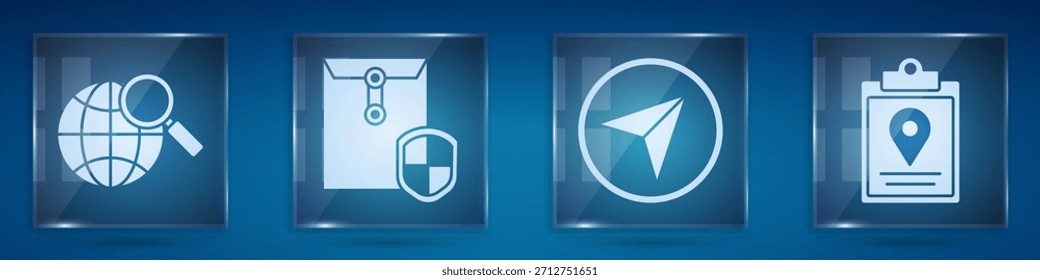 Set Vergrößerungsglas mit Globus, Umschlag mit Schild, Infografik der Stadtplan-Navigation und Dokumentenverfolgungsmarkierungssystem. Quadratische Glasplatten. Vektorgrafik