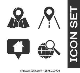 Set Magnifying glass with globe, Folded map with location marker, Map pointer with house and Road traffic sign icon. Vector
