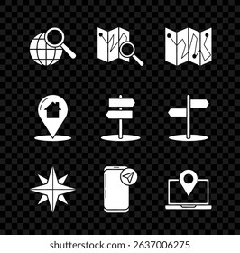Set Magnifying glass with globe, Folded map location marker, Wind rose, Infographic of city navigation, Laptop, Map pointer house and Road traffic sign icon. Vector