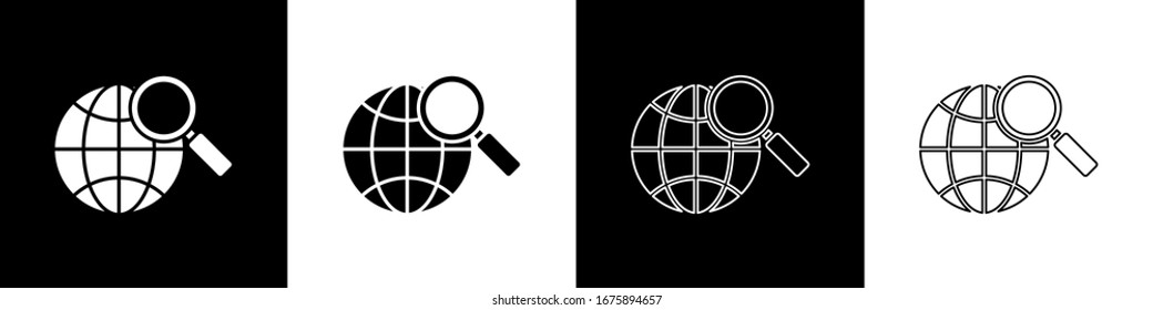 Ajuste la lupa con el icono del globo aislado en fondo blanco y negro. Analizando el mundo. Signo de búsqueda global.  Ilustración vectorial