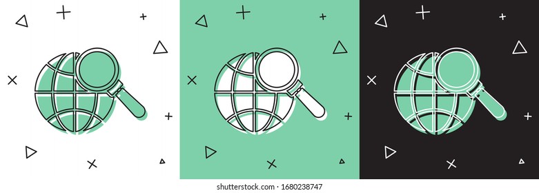 Set Magnifying glass with globe icon isolated on white and green, black background. Analyzing the world. Global search sign.  Vector Illustration