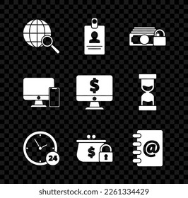 Set Magnifying glass with globe, Identification badge, Money lock, Clock 24 hours, Closed wallet, Address book, Computer monitor and mobile phone and dollar symbol icon. Vector